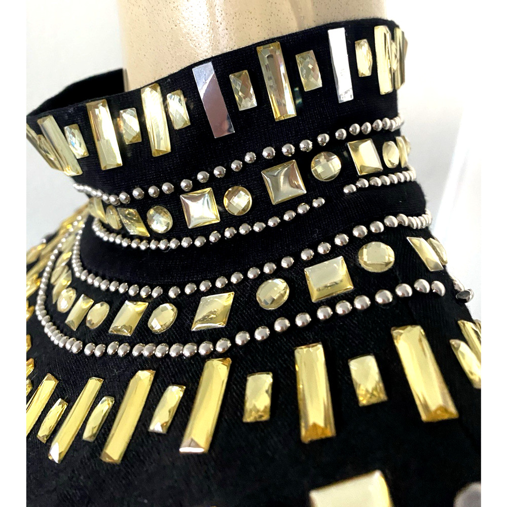 Grayse Black Dress Mock Neck Rhinestone Bead Gold Sheath Knit Sleeveless Mini L - Picture 5 of 11